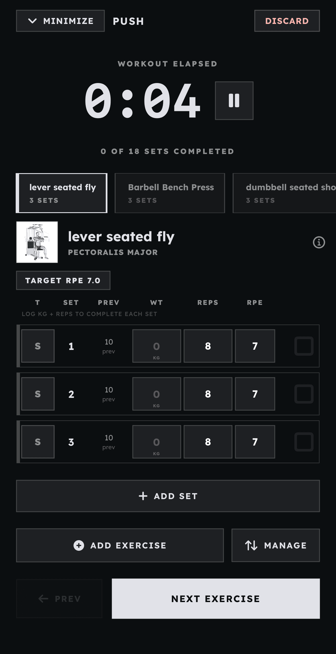 Grind Track live workout logger with elapsed timer and per-set weight, reps, and RPE entry.